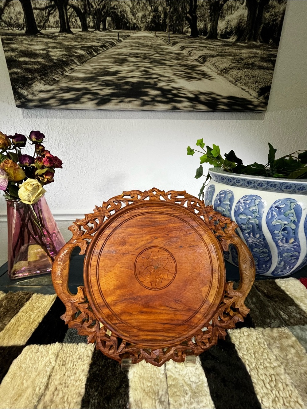 Hand-Carved Wooden Serving Tray - Rustic Brown